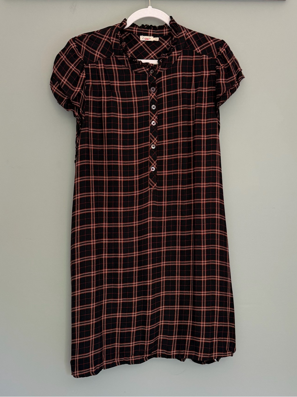 Faherty "Keterly" Black Harper Plaid Flutter Sleeve Popover Button Mini Dress